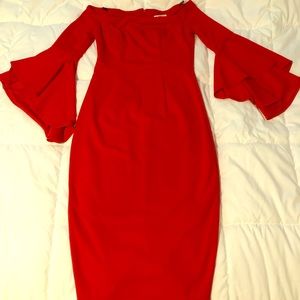 Red off-the-shoulder dress, size 4, knee-length.